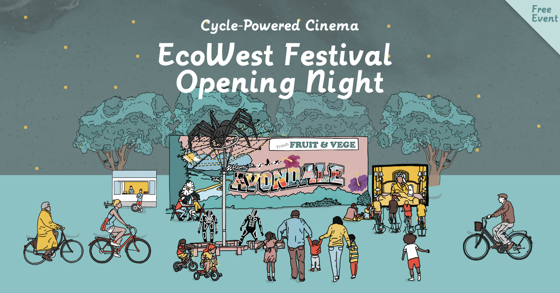 Illustration showing cycle-powered cinema next to the Avondale spider